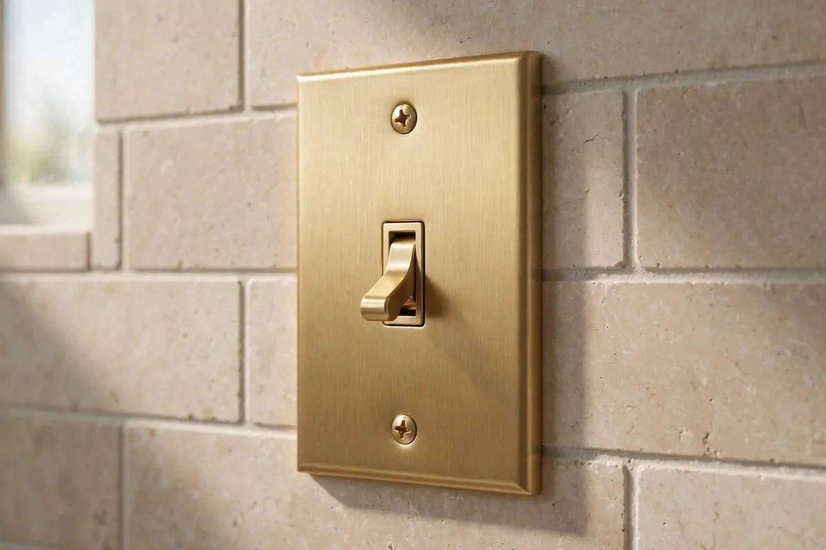 new brushed metal switch plate on a bathroom wall