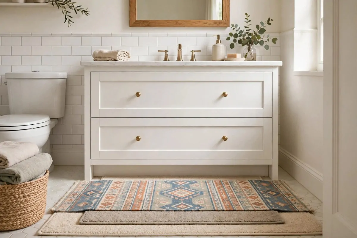 layered patterned runner rug in front of a bathroom vanity