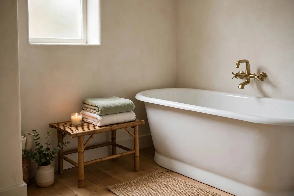 small wooden bench with folded towels beside a bathtub