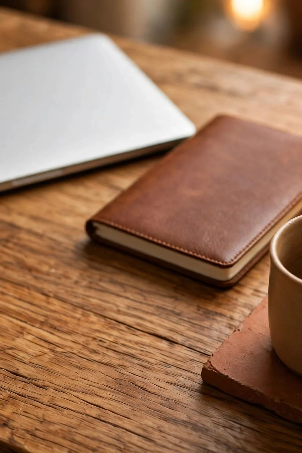 24 Cozy Home Office Decor Ideas for a Warm Workspace 1 A warm wooden desk top with a small lamp, a mug and a notebook, soft morning light