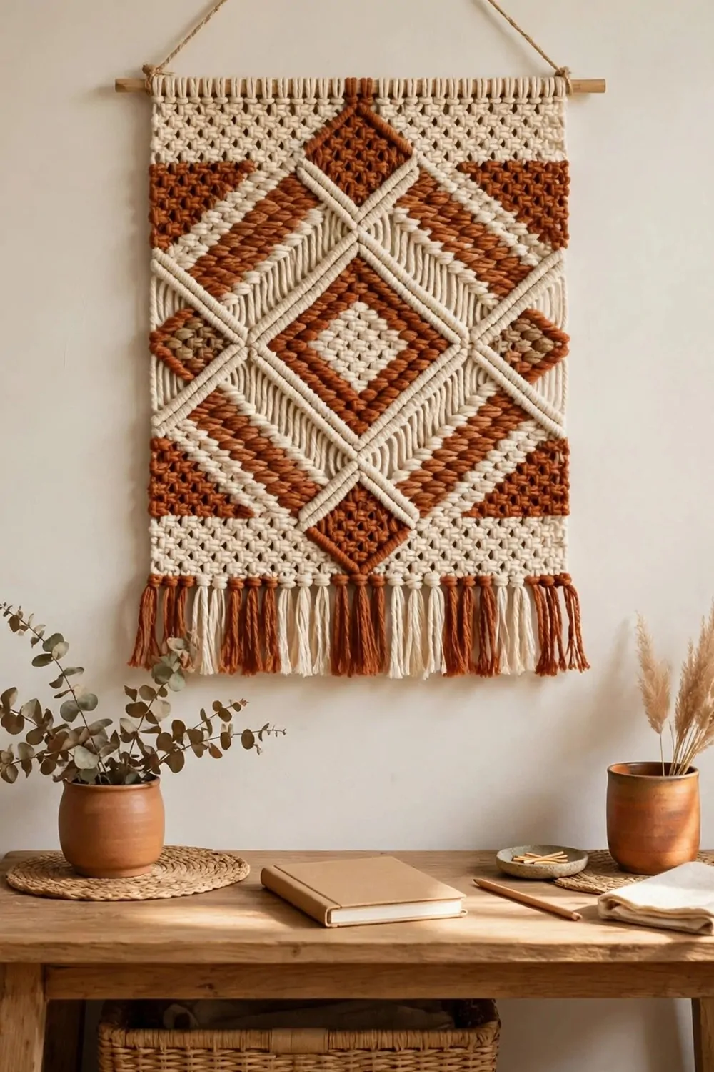 24 Cozy Home Office Decor Ideas for a Warm Workspace 2 A woven wall hanging in cream and beige above a small wooden desk with a lamp