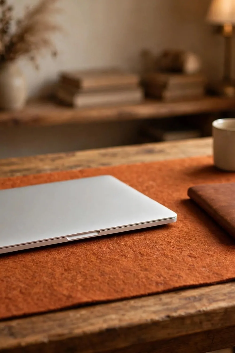 24 Cozy Home Office Decor Ideas for a Warm Workspace 3 A soft felt desk mat under a laptop and notebook on a wooden desk