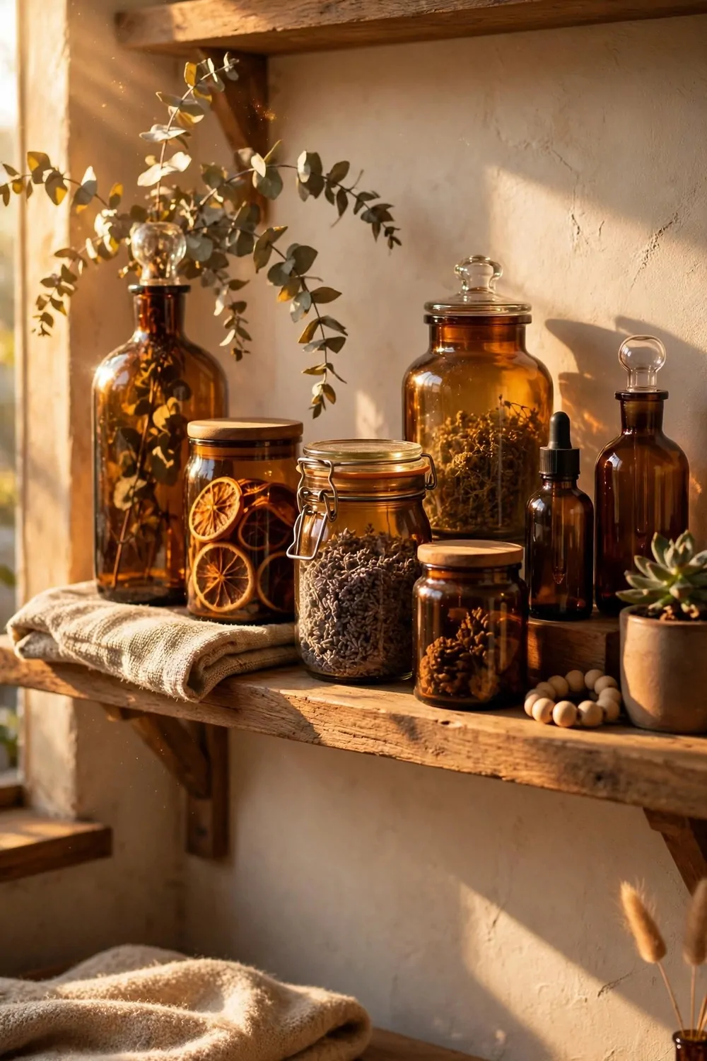 24 Cozy Home Office Decor Ideas for a Warm Workspace 4 A small amber glass vase with dried flowers on a wooden desk beside a laptop