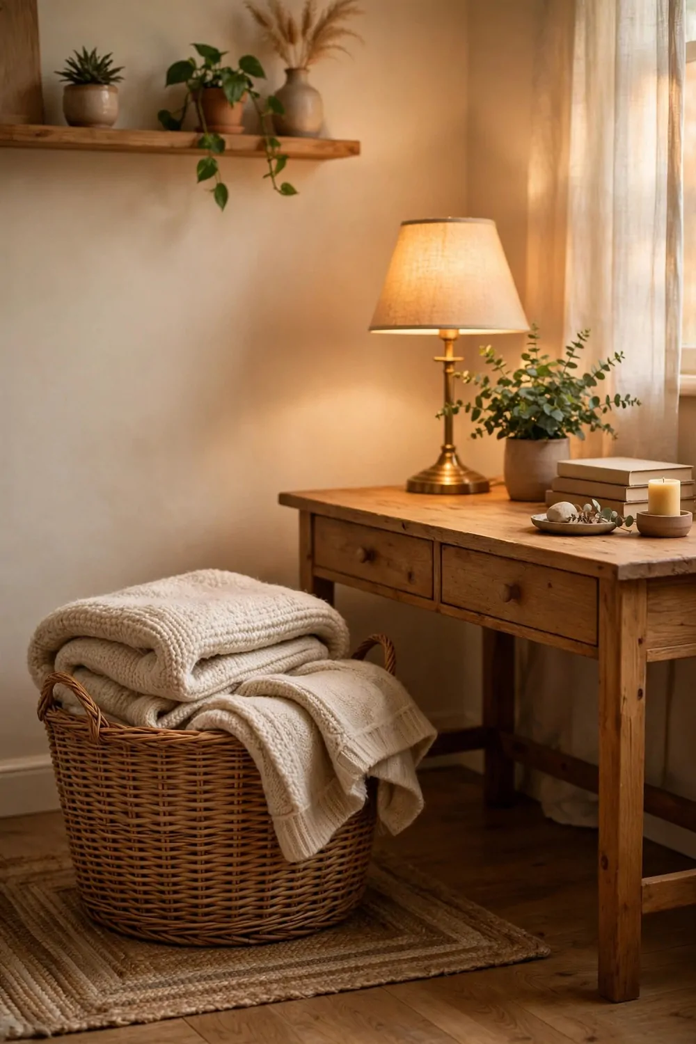 24 Cozy Home Office Decor Ideas for a Warm Workspace 6 A wicker basket with a folded blanket beside a wooden desk in a cozy office