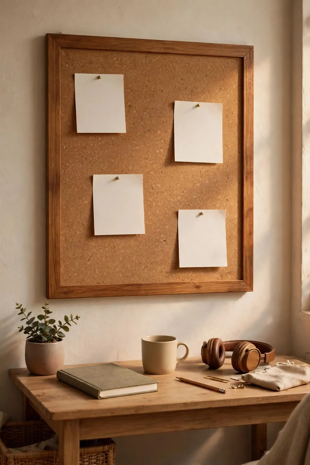 24 Cozy Home Office Decor Ideas for a Warm Workspace 7 A cork board on the wall above a desk with pinned notes and a small photo