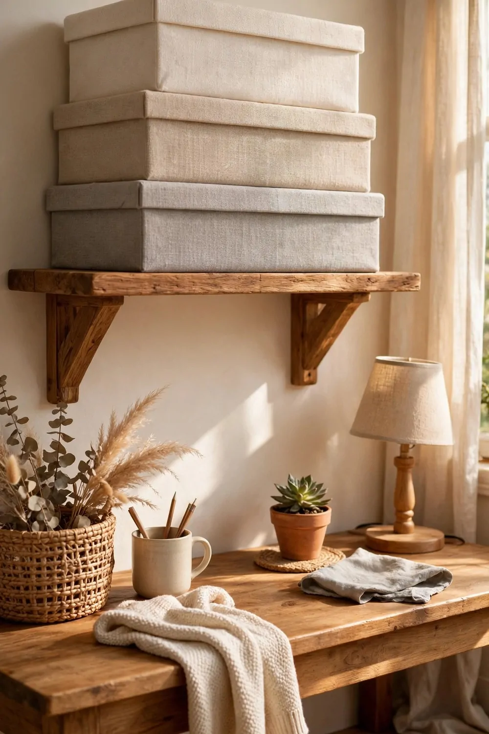24 Cozy Home Office Decor Ideas for a Warm Workspace 8 Linen storage boxes in soft neutrals stacked on a wooden shelf above a desk