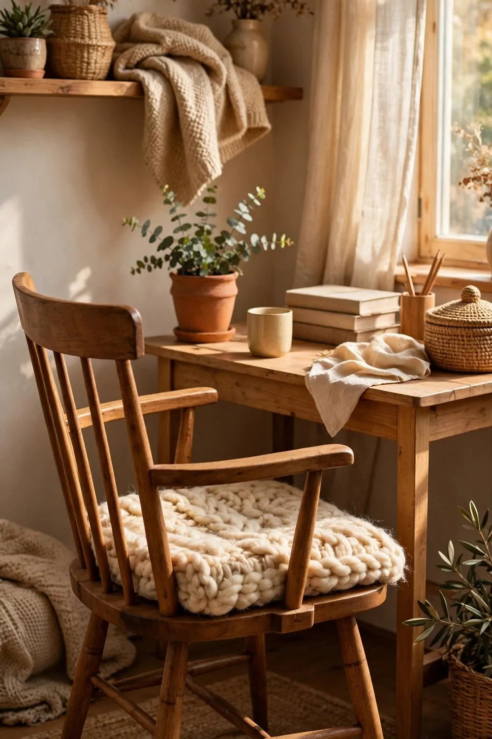 24 Cozy Home Office Decor Ideas for a Warm Workspace 9 A wool seat pad on a wooden chair at a small desk, warm lamp light
