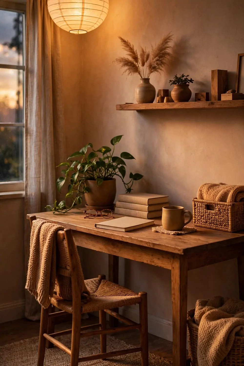 24 Cozy Home Office Decor Ideas for a Warm Workspace 10 A paper lantern glowing warm above a small wooden desk at dusk