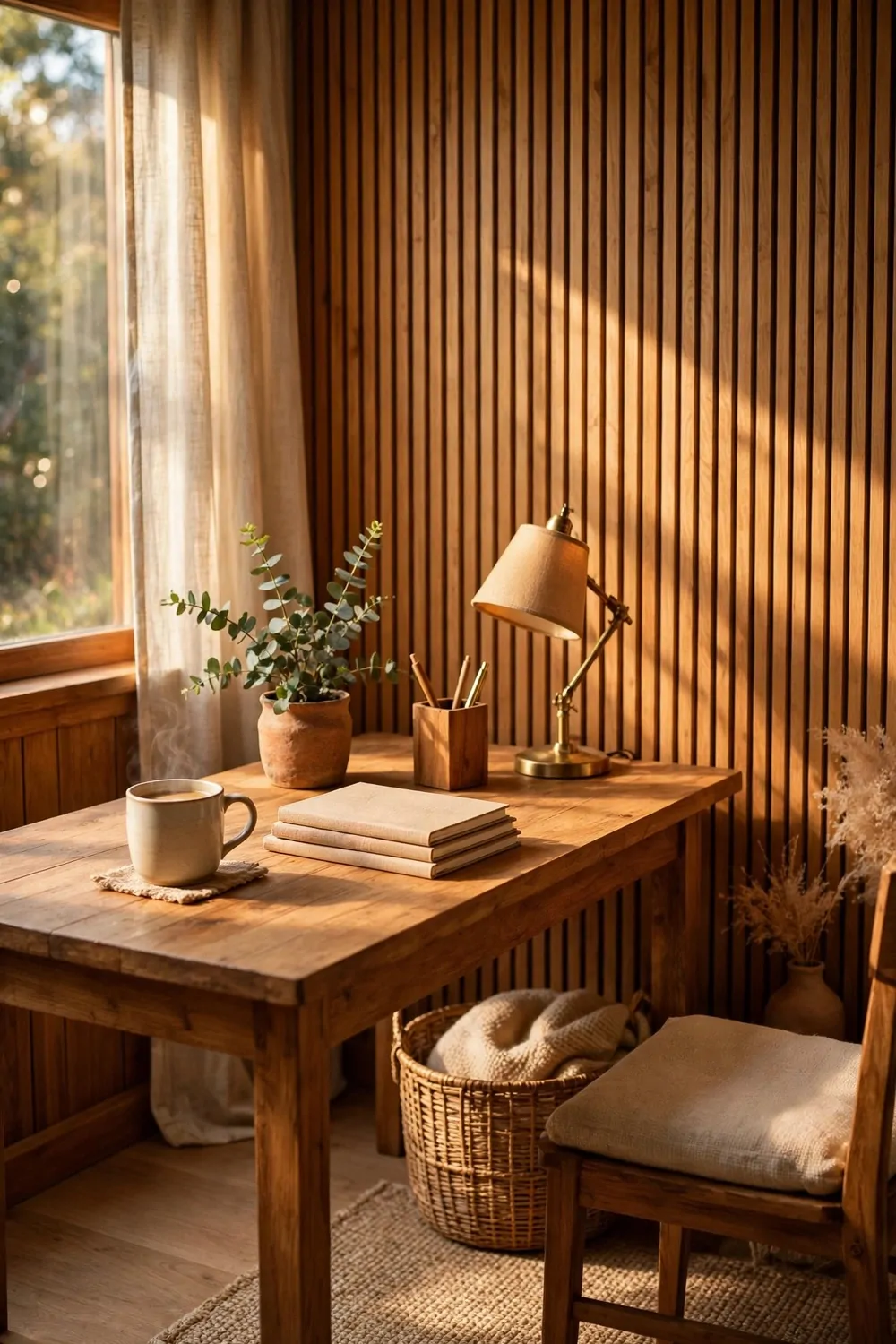 24 Cozy Home Office Decor Ideas for a Warm Workspace 11 Wooden slats on the wall behind a small desk, warm lamp light, plant nearby