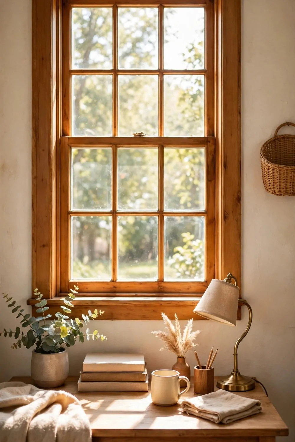 24 Cozy Home Office Decor Ideas for a Warm Workspace 12 A wooden window frame with sheer curtains over a small desk, soft daylight