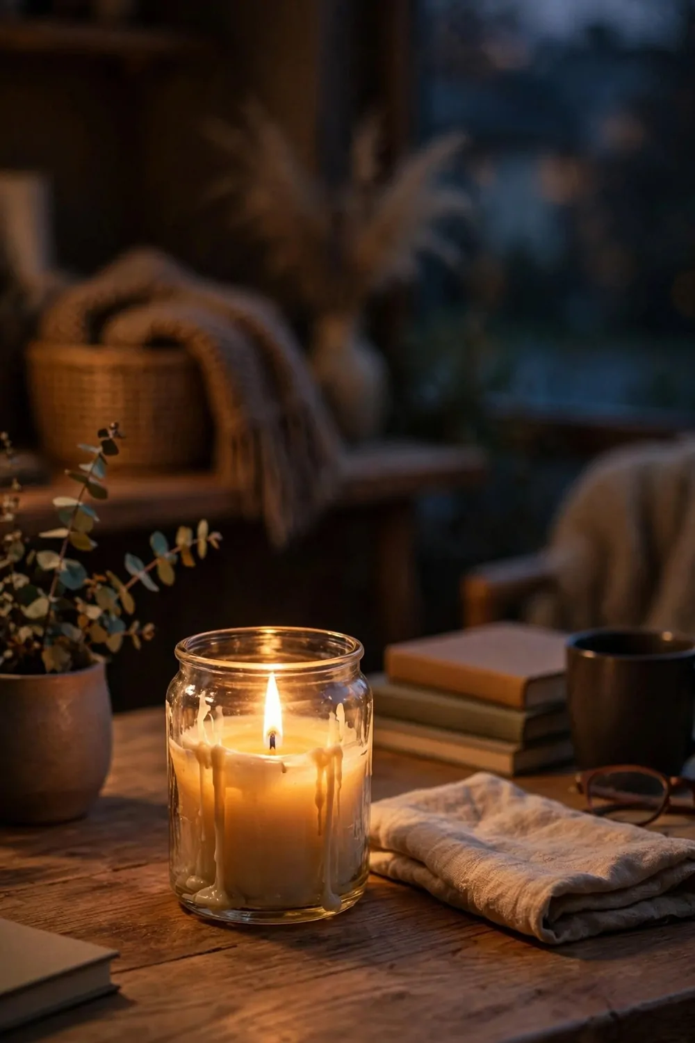 24 Cozy Home Office Decor Ideas for a Warm Workspace 13 A glass candle jar glowing on a wooden desk beside a notebook and a mug