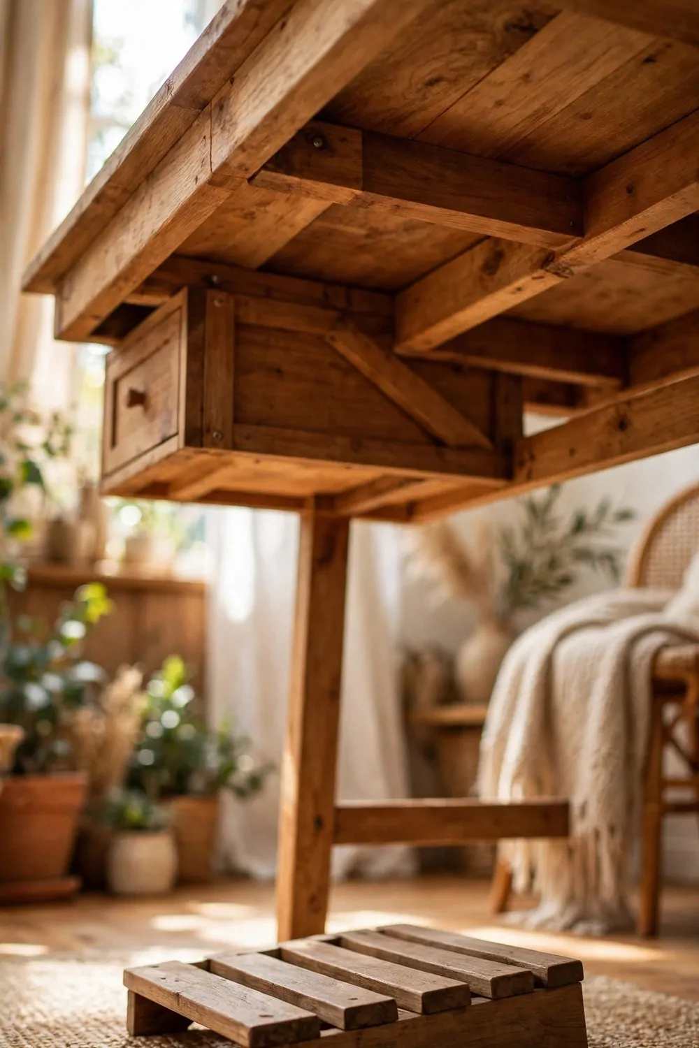 24 Cozy Home Office Decor Ideas for a Warm Workspace 14 A small wooden footrest under a desk in a cozy home office