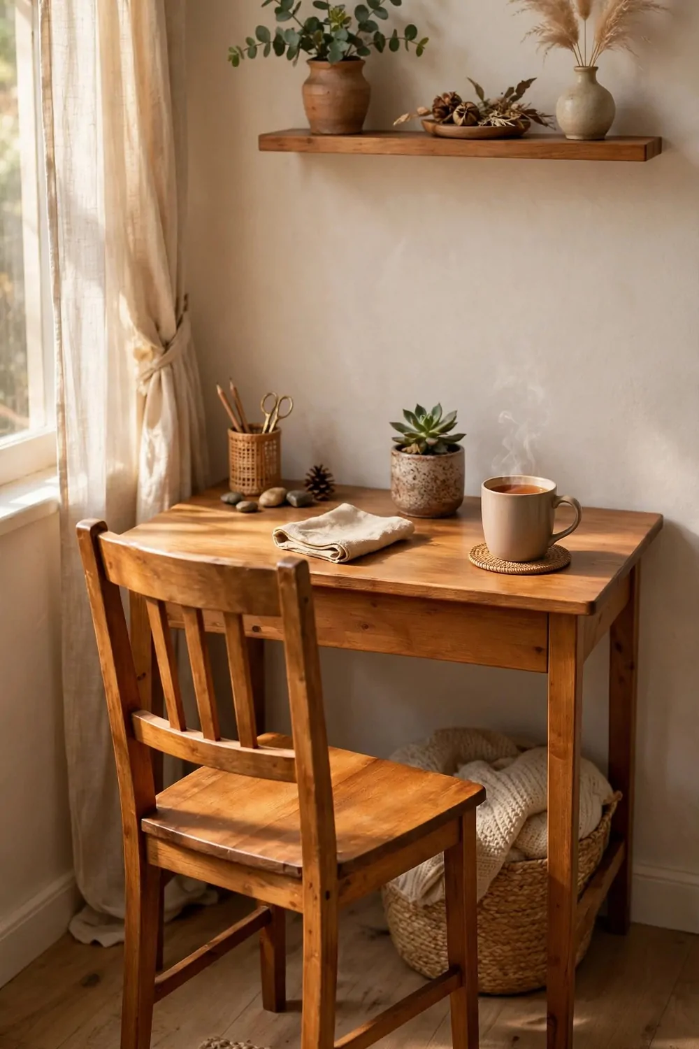 24 Cozy Home Office Decor Ideas for a Warm Workspace 15 A wooden chair with a woven seat at a small desk, warm rug underneath