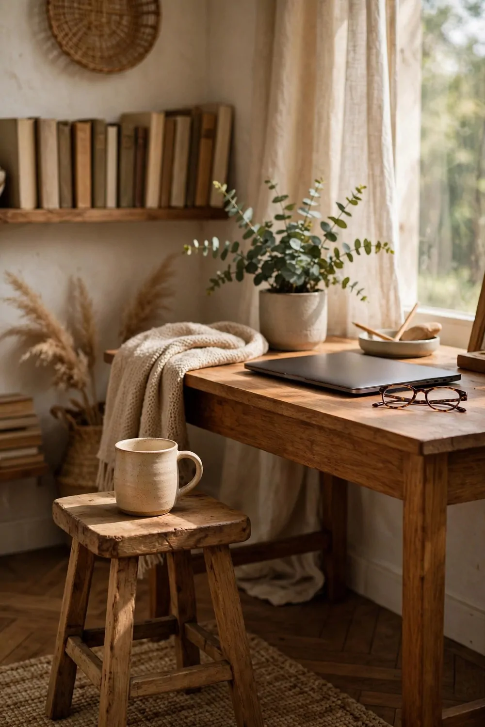 24 Cozy Home Office Decor Ideas for a Warm Workspace 16 A small wooden stool used as a side table beside a desk, with a book and a mug on it