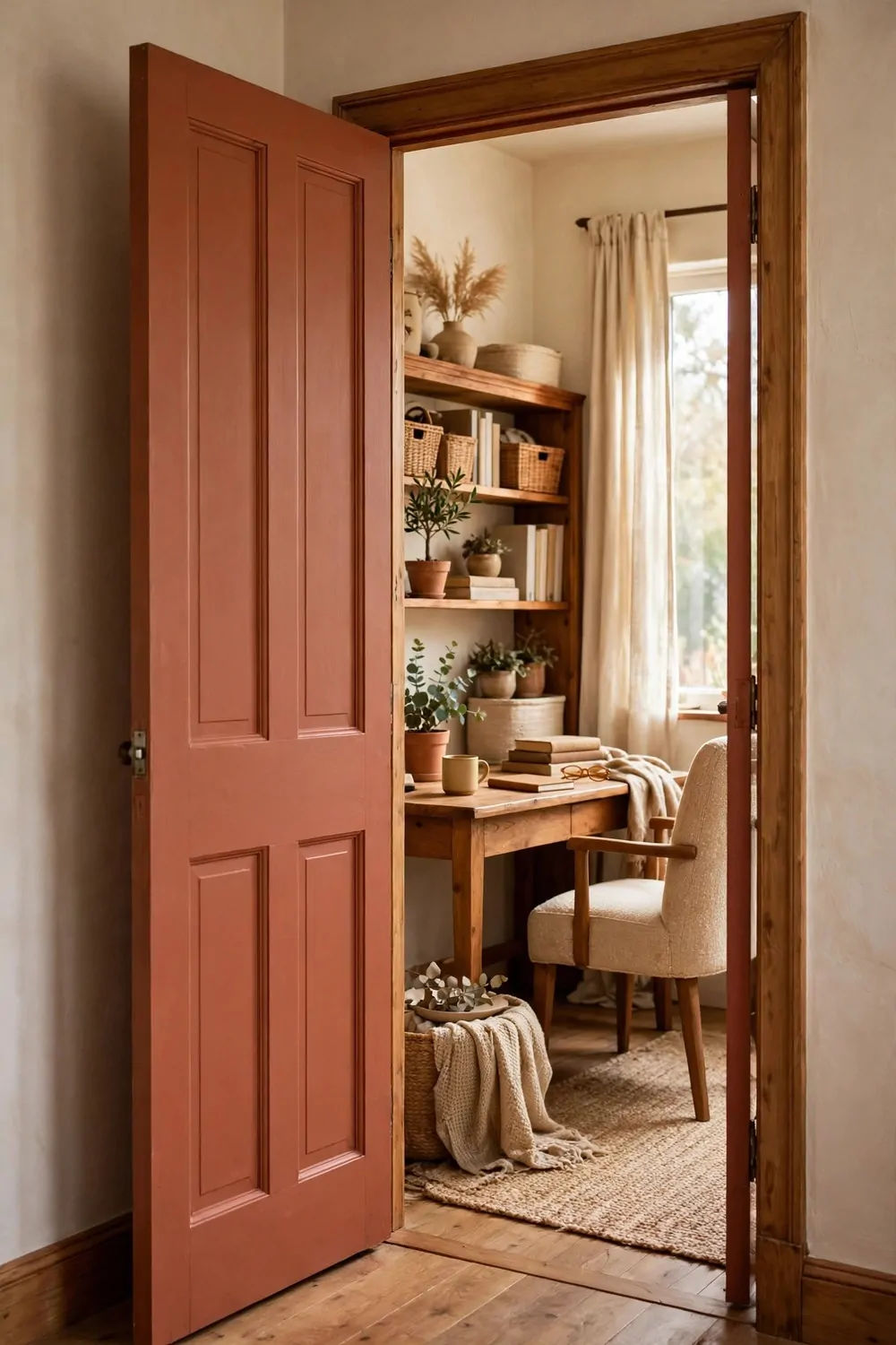 24 Cozy Home Office Decor Ideas for a Warm Workspace 17 A painted wooden door in a soft warm colour behind a small desk