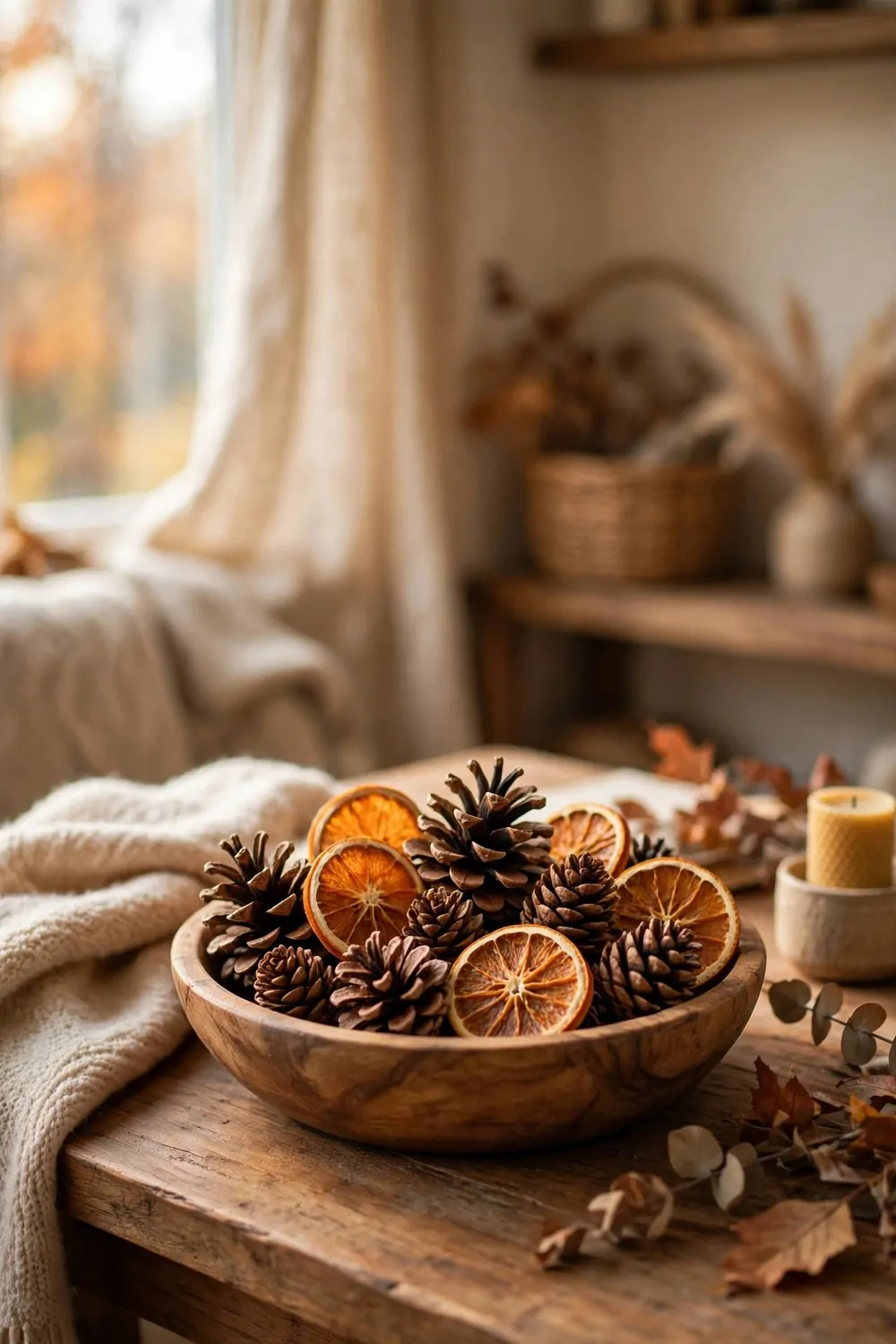 24 Cozy Home Office Decor Ideas for a Warm Workspace 18 A wooden bowl with pinecones on a desk beside a small plant and a notebook