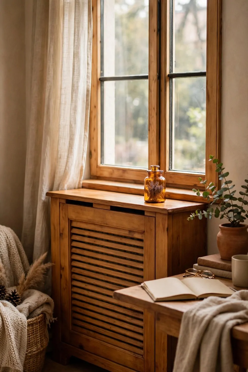 24 Cozy Home Office Decor Ideas for a Warm Workspace 19 A wooden radiator cover with an amber glass jar on top, warm light, desk nearby