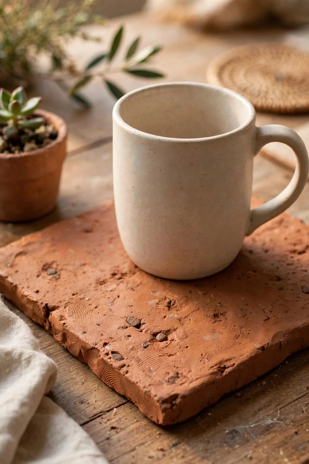 24 Cozy Home Office Decor Ideas for a Warm Workspace 20 A clay tile coaster under a mug on a wooden desk, small plant beside it