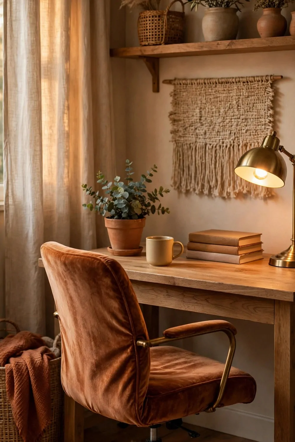 24 Cozy Home Office Decor Ideas for a Warm Workspace 21 A velvet slipcover in a warm colour on a chair at a small wooden desk