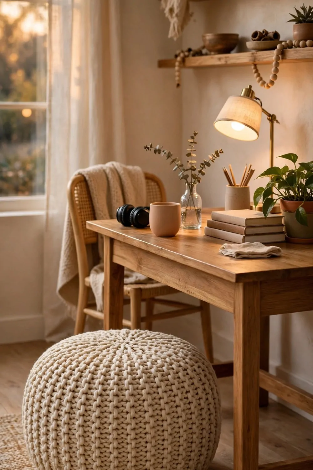 24 Cozy Home Office Decor Ideas for a Warm Workspace 23 A knitted pouf beside a wooden desk in a cozy home office, warm light