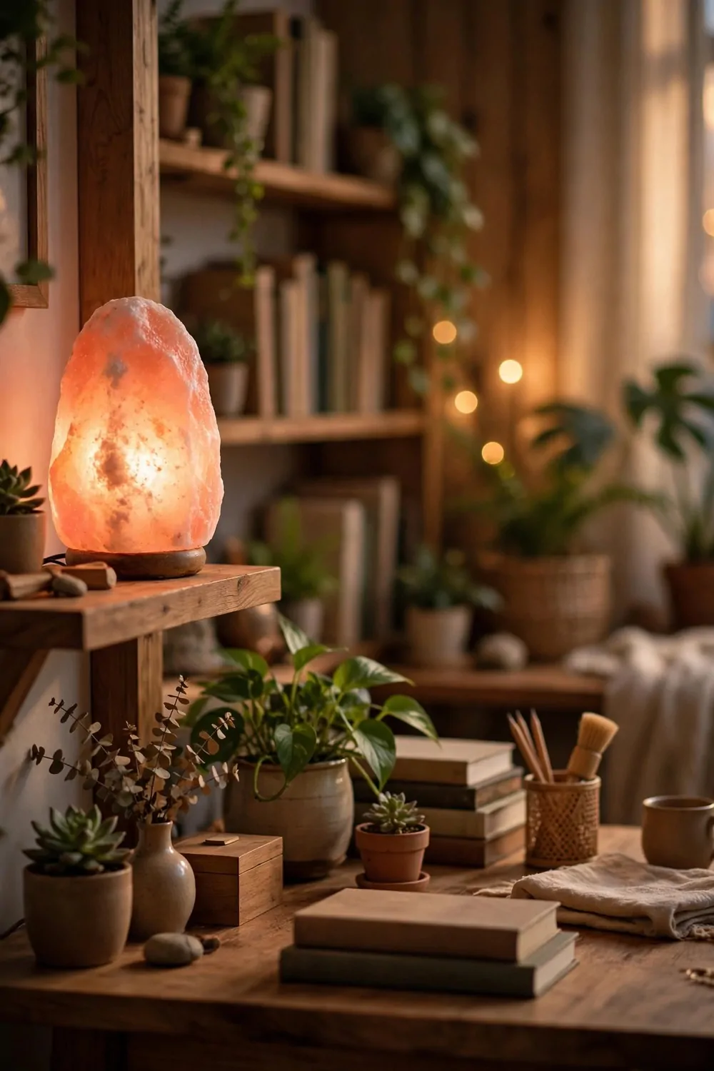 24 Cozy Home Office Decor Ideas for a Warm Workspace 24 A salt lamp glowing warm on a wooden desk at night, books stacked beside it