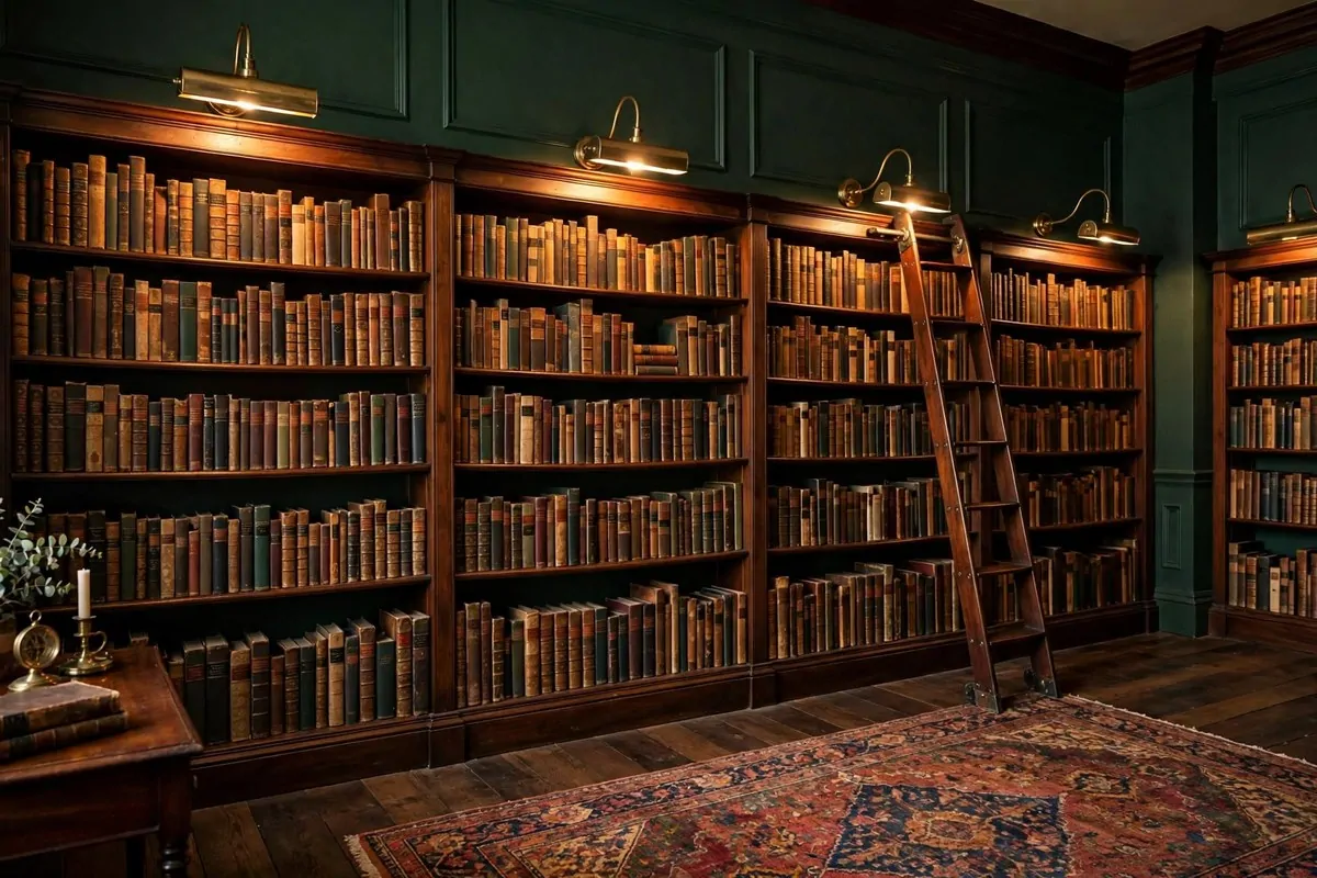 24 Home Library Aesthetic Looks You'll Want to Save 2 Wooden rolling library ladder on a brass rail against tall bookshelves
