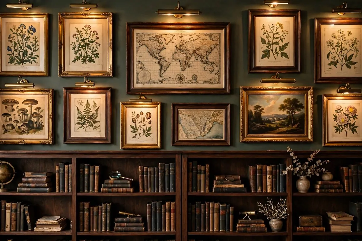 24 Home Library Aesthetic Looks You'll Want to Save 10 Gallery wall of vintage framed prints above dark library bookshelves