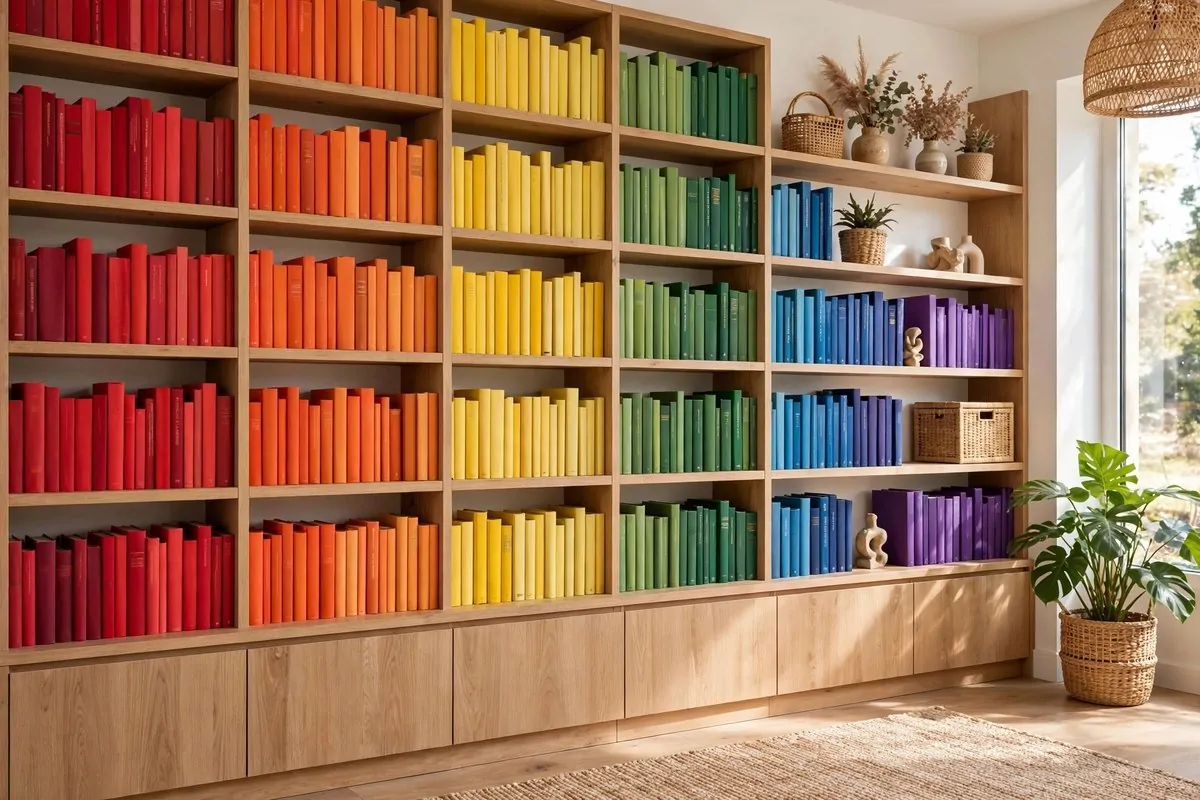 24 Home Library Aesthetic Looks You'll Want to Save 11 Bookshelf with books arranged in rainbow color blocks