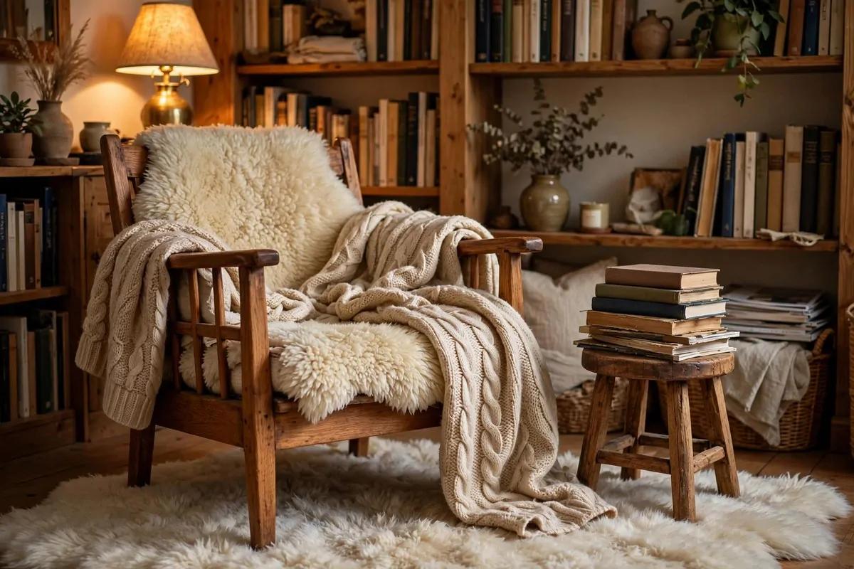 24 Home Library Aesthetic Looks You'll Want to Save 12 Reading chair layered with sheepskin throw and chunky knit blankets in a library