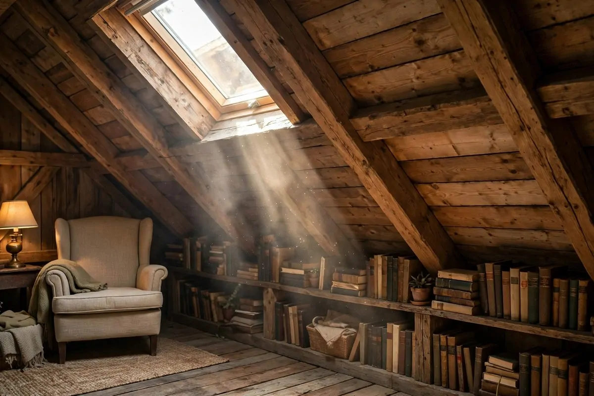 24 Home Library Aesthetic Looks You'll Want to Save 17 Attic library under a sloped wooden ceiling with a skylight and low shelves