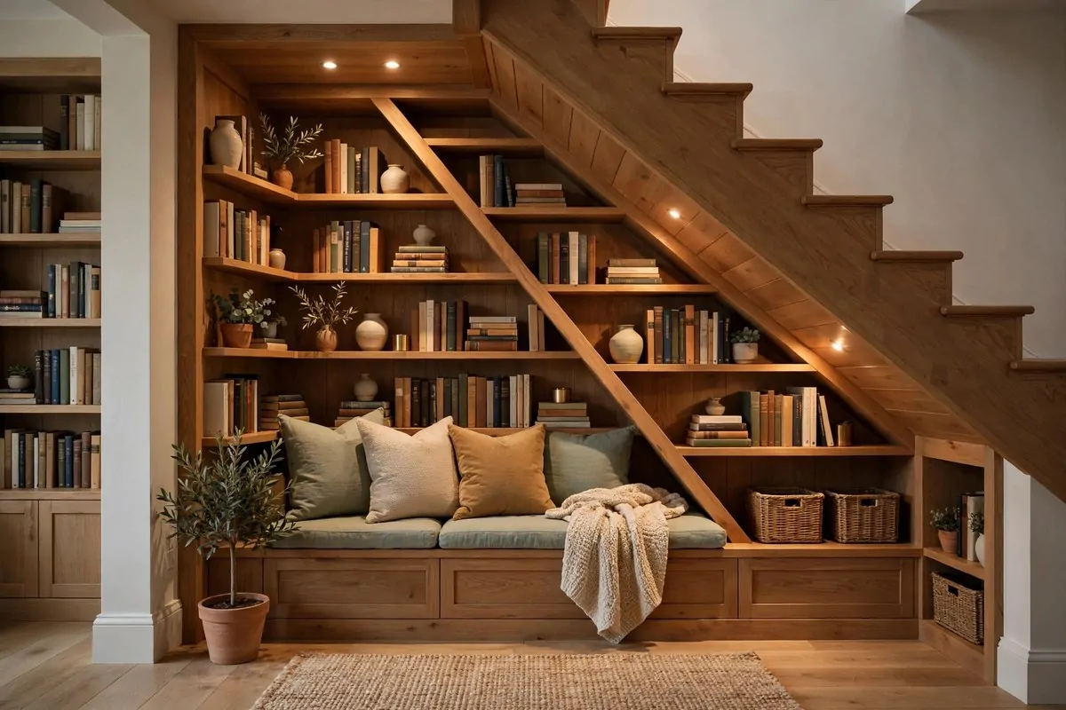 24 Home Library Aesthetic Looks You'll Want to Save 23 Custom bookshelves built under a staircase with a small reading bench