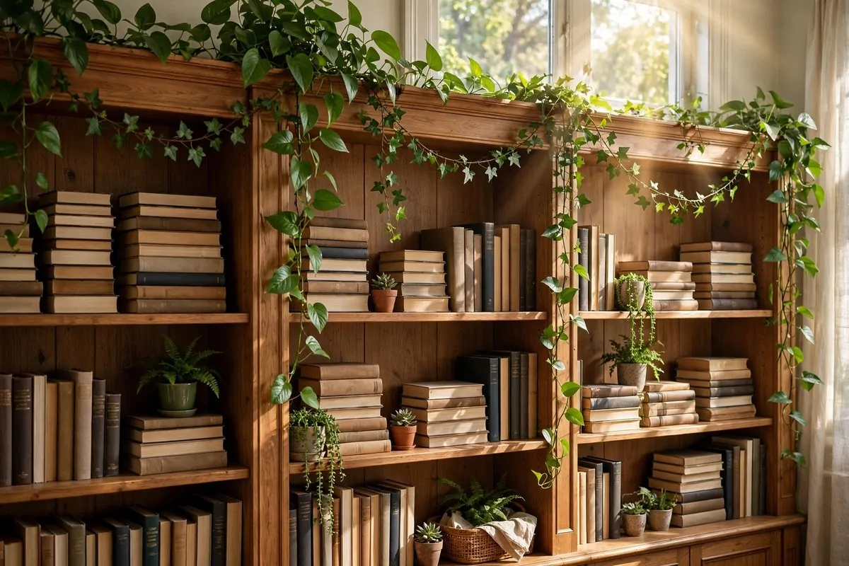 24 Home Library Aesthetic Looks You'll Want to Save 24 Trailing green plants and ivy draped over wooden library bookshelves