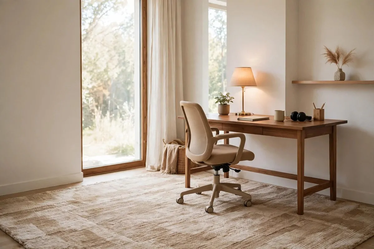 24 Home Office Interior Design Tricks Designers Swear By 1 A large soft rug in warm neutral tones under a desk and chair in a bright home office