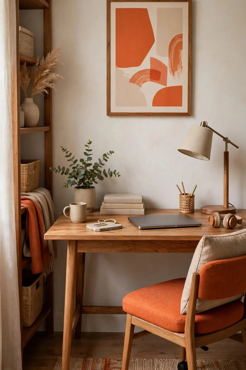 24 Home Office Interior Design Tricks Designers Swear By 2 A home office desk with mostly neutral walls and furniture, warm wood tones and one strong accent color in cushions and art