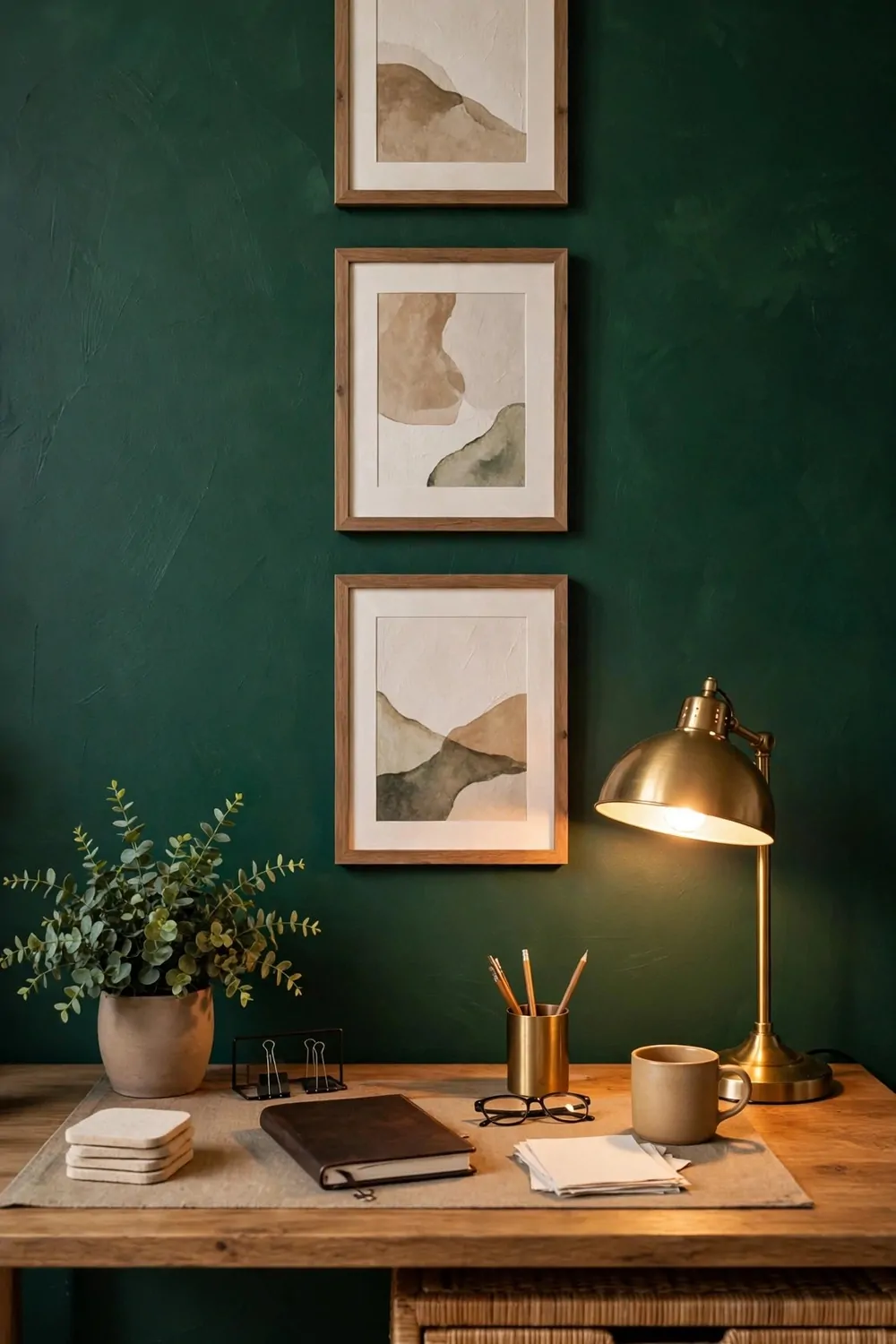 24 Home Office Interior Design Tricks Designers Swear By 3 A bold painted accent wall in deep green behind a desk with framed art and a warm lamp