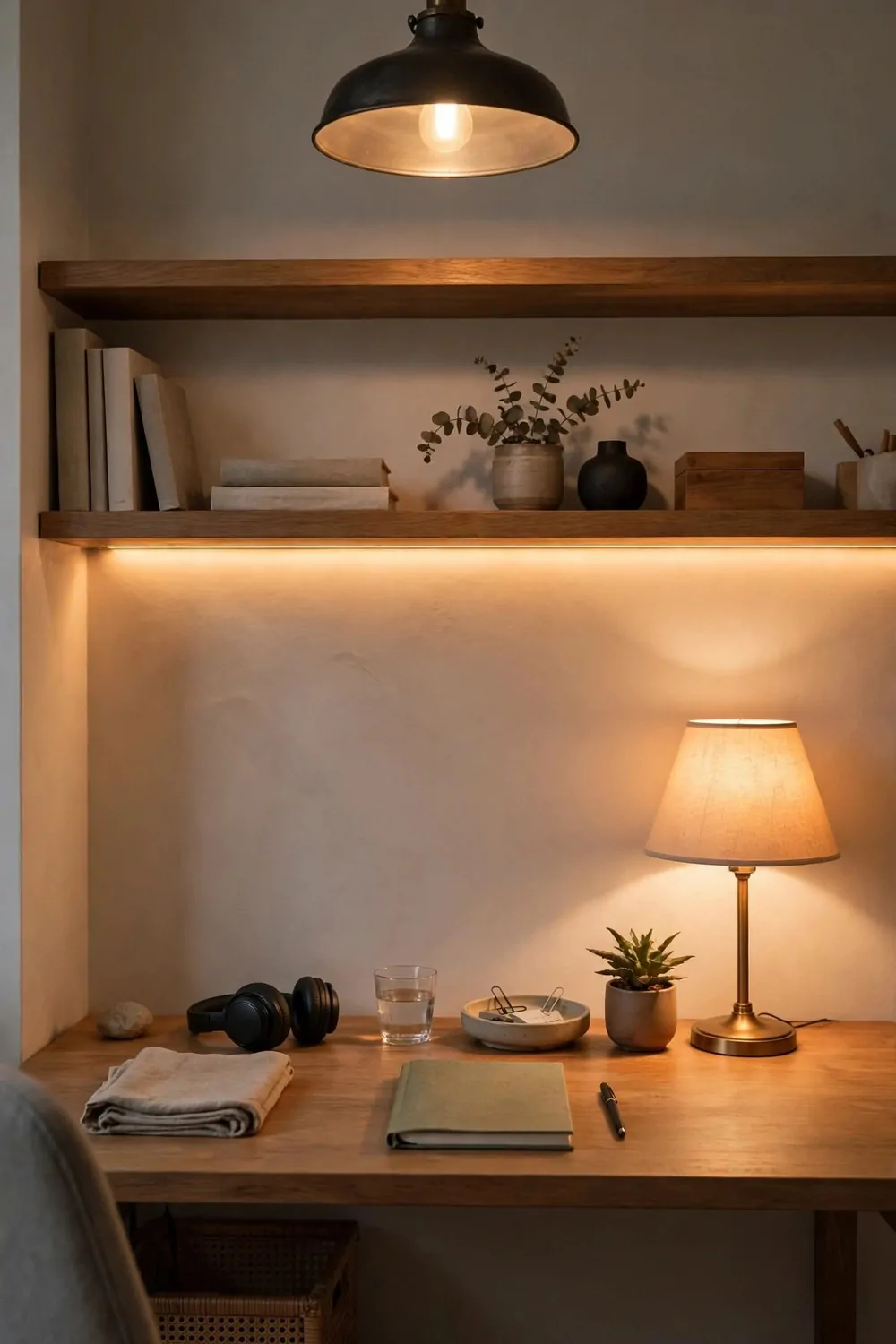 24 Home Office Interior Design Tricks Designers Swear By 4 A home office desk lit by three layers of light, a pendant overhead, a table lamp and warm glow from a shelf light
