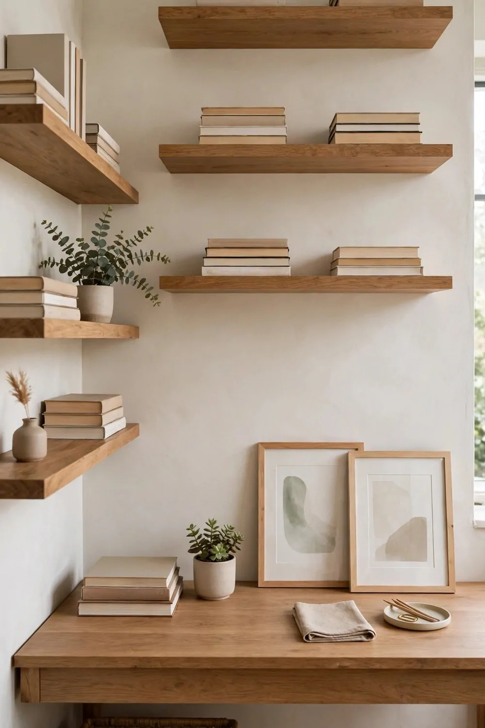 24 Home Office Interior Design Tricks Designers Swear By 5 Floating wooden shelves above and beside a desk holding books, a small plant and framed prints