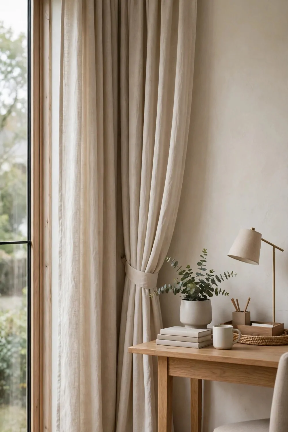 24 Home Office Interior Design Tricks Designers Swear By 6 Floor-to-ceiling linen curtains beside a tall window with a desk nearby in soft daylight