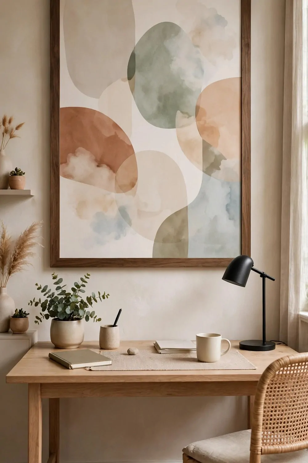 24 Home Office Interior Design Tricks Designers Swear By 7 One very large framed abstract print hanging above a tidy desk in a calm home office