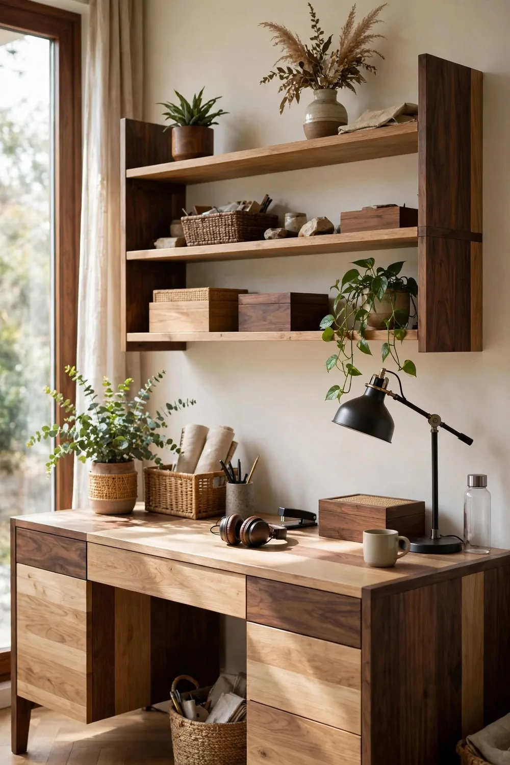 24 Home Office Interior Design Tricks Designers Swear By 8 A home office desk mixing light oak and dark walnut wood tones with matching shelves