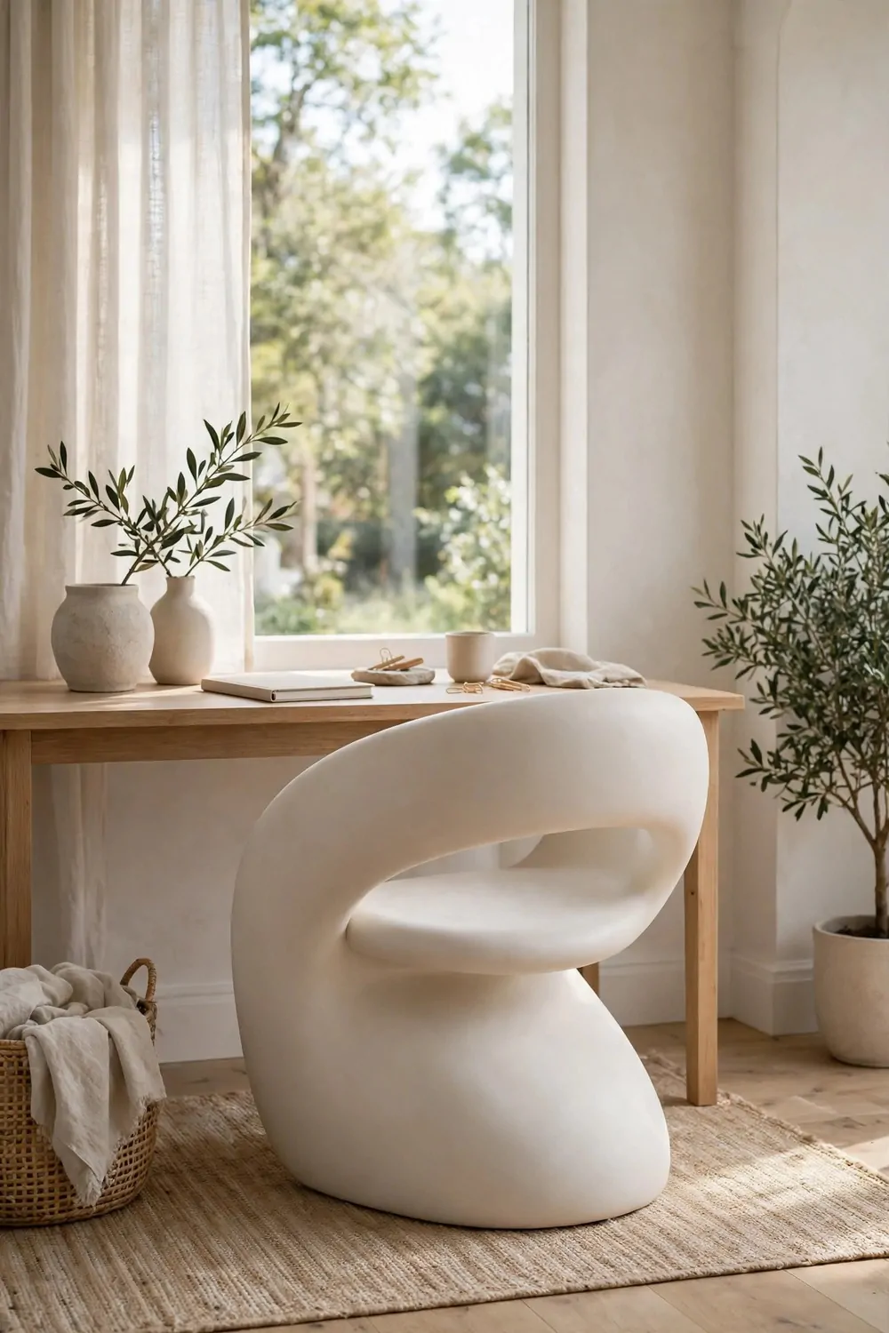 24 Home Office Interior Design Tricks Designers Swear By 9 A sculptural curved designer chair with a rounded back at a simple desk in a bright room