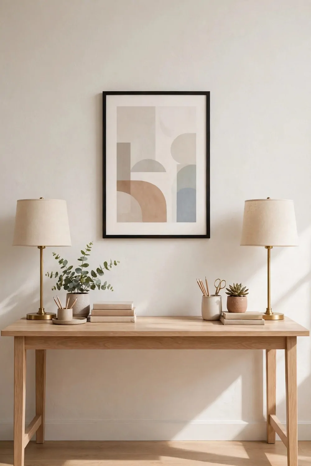 24 Home Office Interior Design Tricks Designers Swear By 10 A symmetrical desk setup with matching lamps on either side and one centered framed print above