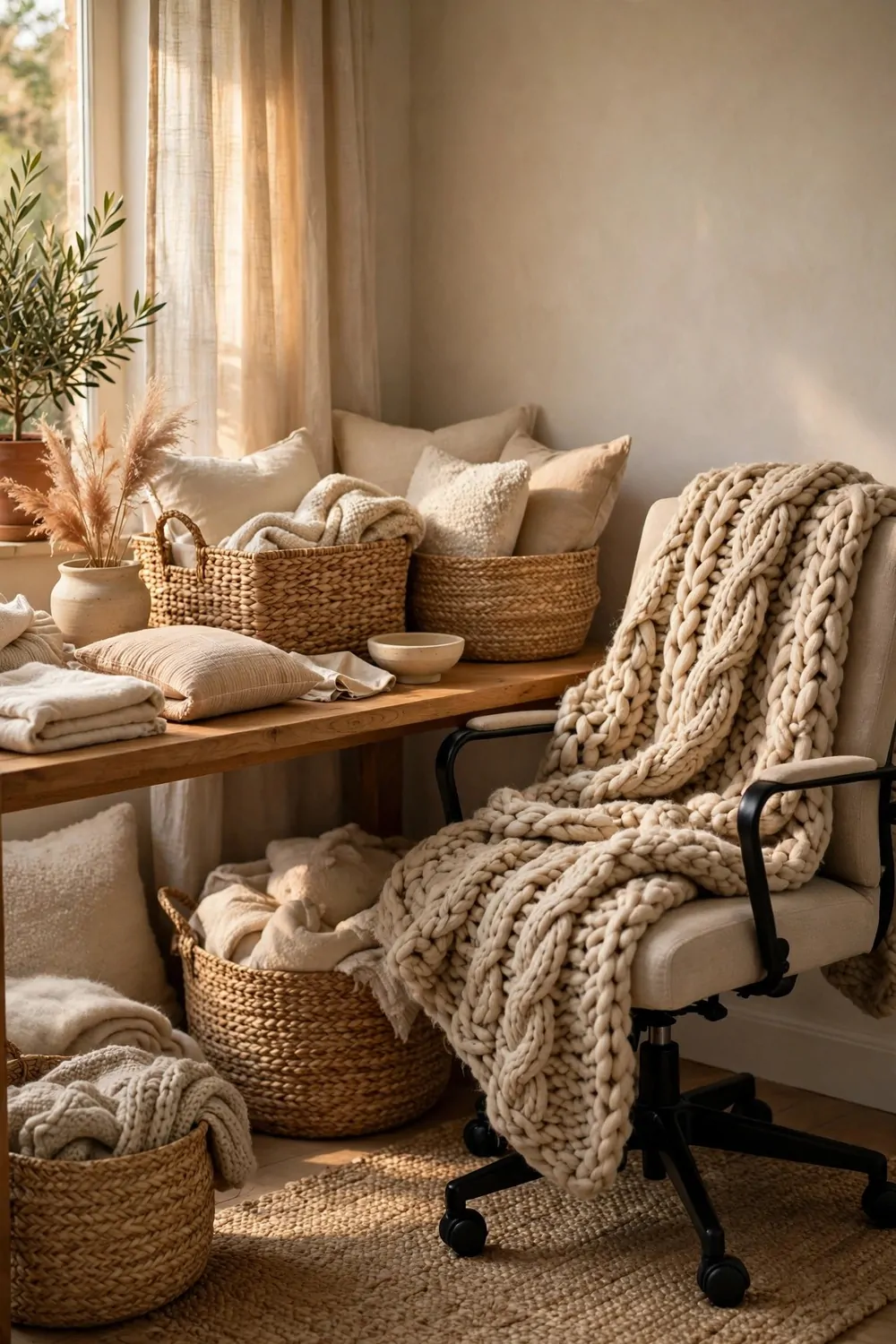 24 Home Office Interior Design Tricks Designers Swear By 11 A chunky knit throw draped over an office chair beside a desk with woven baskets and soft textures
