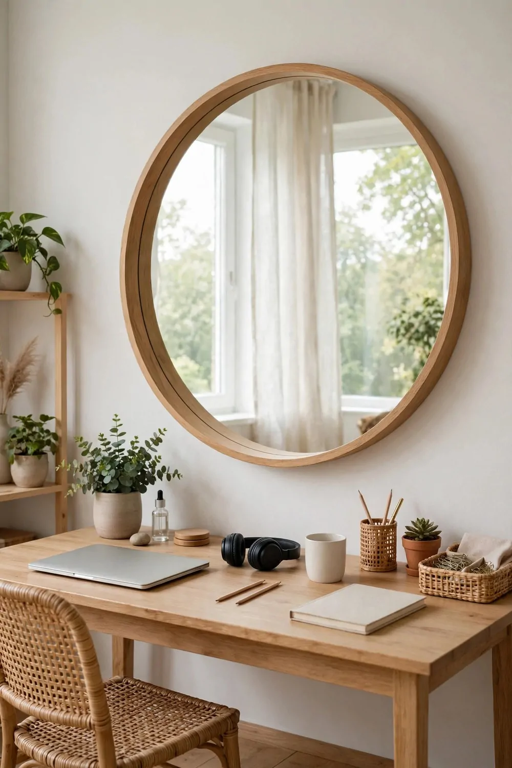 24 Home Office Interior Design Tricks Designers Swear By 12 A large round mirror on a home office wall reflecting window light over a tidy desk
