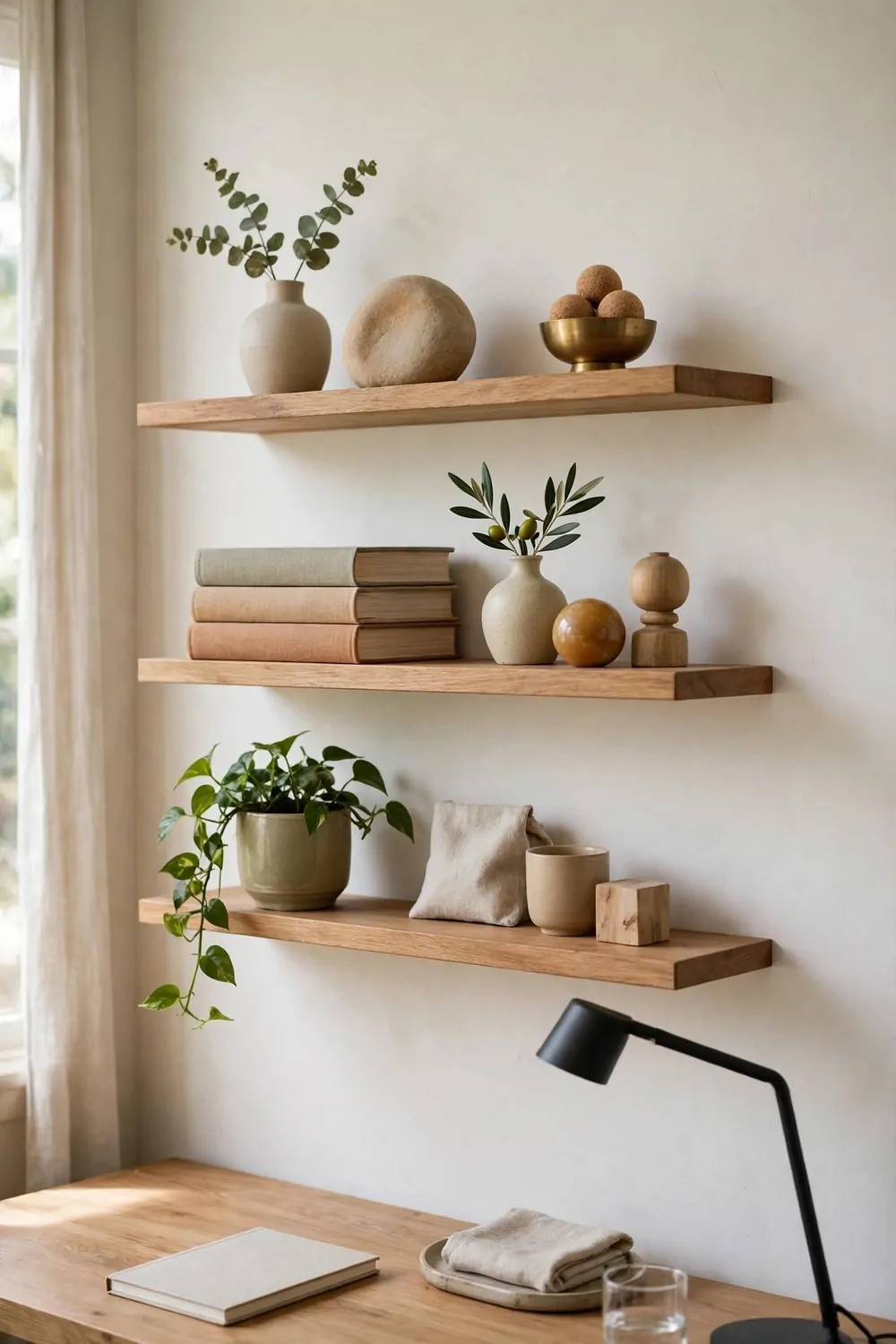 24 Home Office Interior Design Tricks Designers Swear By 14 A styled shelf with groups of three objects, stacked books, a small vase and a plant