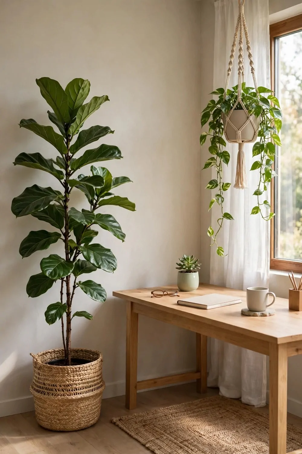 24 Home Office Interior Design Tricks Designers Swear By 15 A tall floor plant, a small plant on a desk and a trailing hanging plant in one home office corner