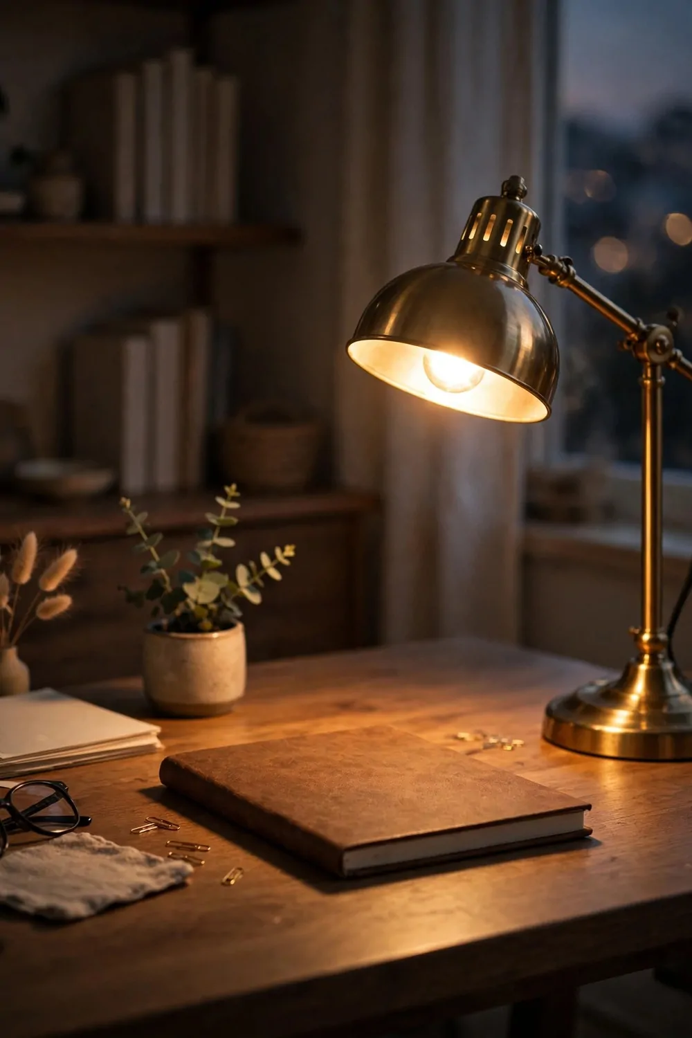 24 Home Office Interior Design Tricks Designers Swear By 16 A brass task lamp glowing warmly over a notebook on a tidy desk in the evening