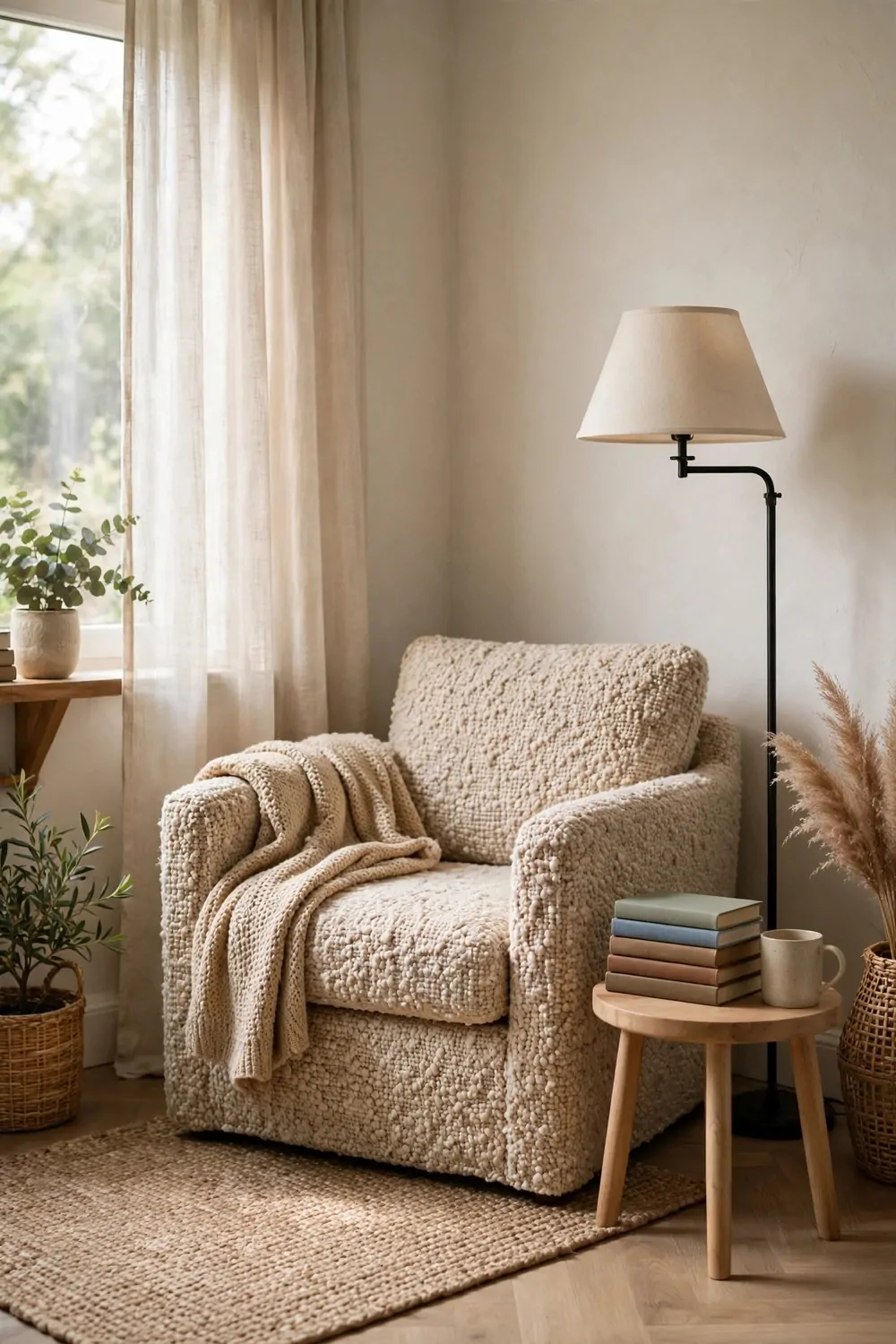 24 Home Office Interior Design Tricks Designers Swear By 18 A reading nook in a home office corner with an armchair, a floor lamp, a small side table and a stack of books