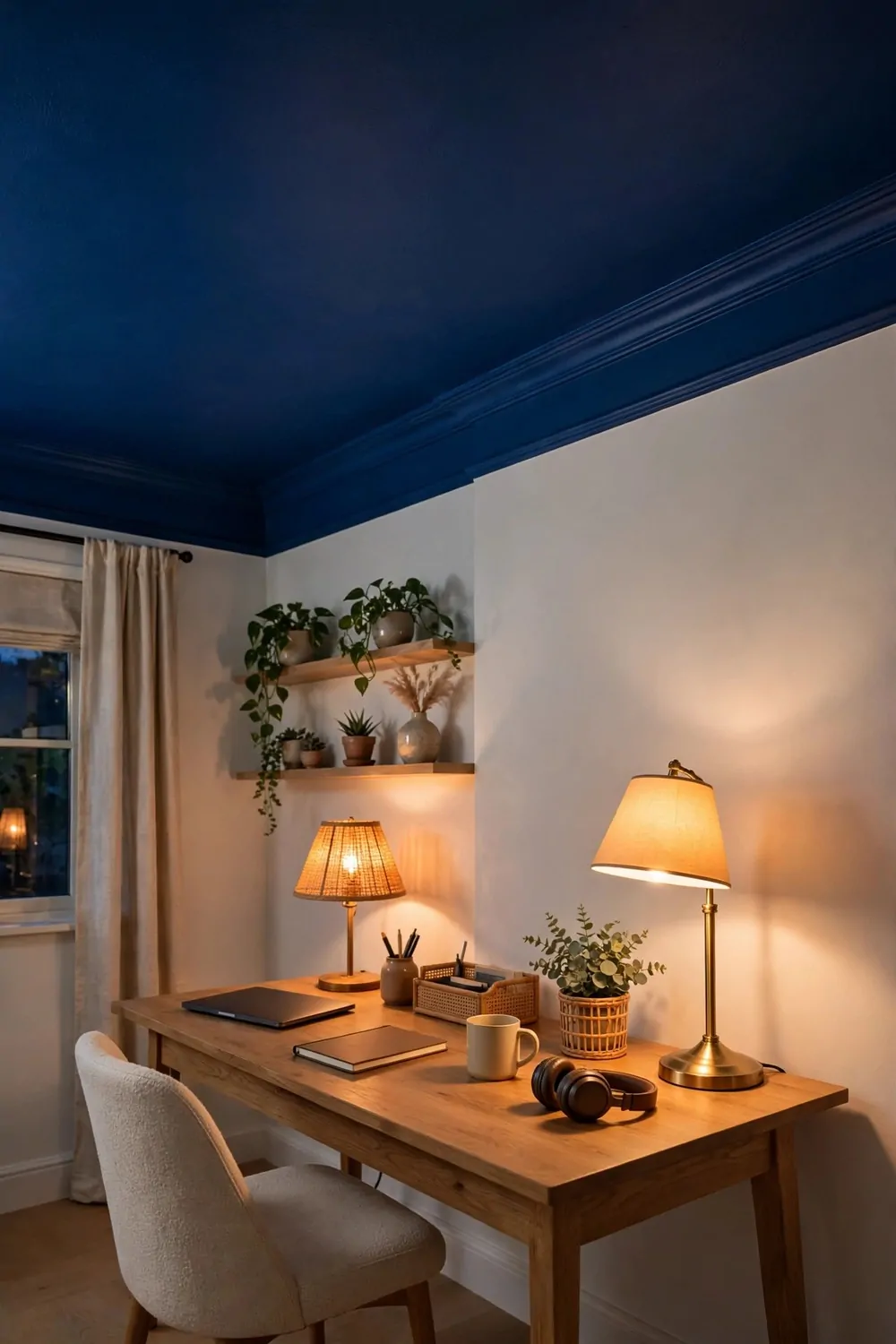24 Home Office Interior Design Tricks Designers Swear By 19 A home office with a bold painted ceiling in deep blue above a desk with warm lamps
