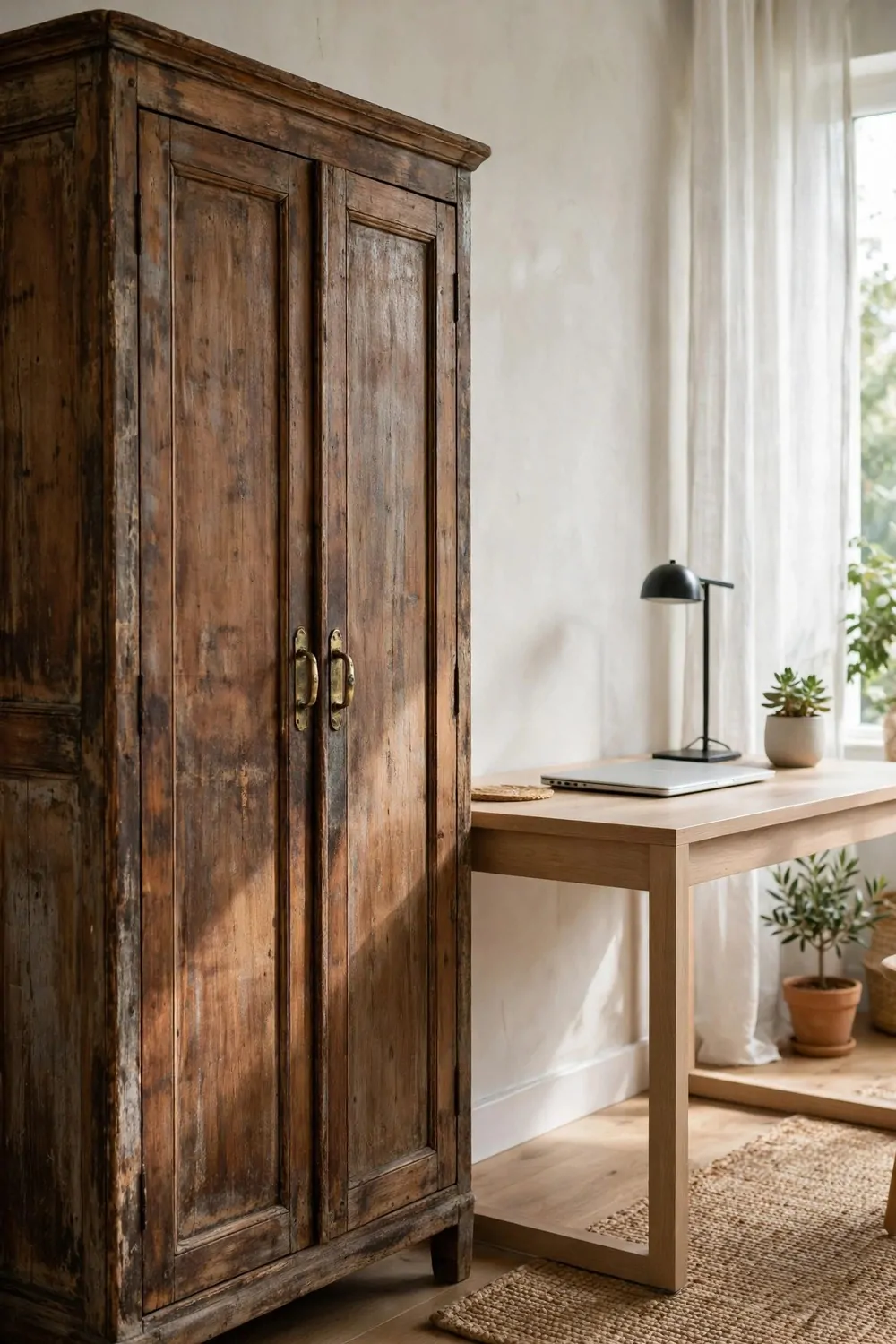 24 Home Office Interior Design Tricks Designers Swear By 20 A vintage wooden cabinet with aged patina standing beside a modern desk in a home office